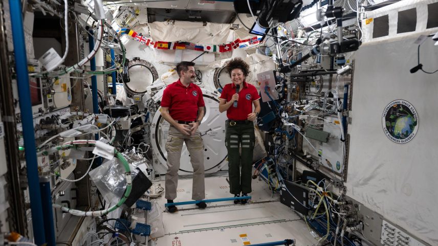 NASA astronauts Jack Hathaway and Jessica Meir, both Expedition 74 flight engineers, answer questions inside the International Space Station’s Kibo laboratory module during a live downlink event with Connecticut Public Radio.