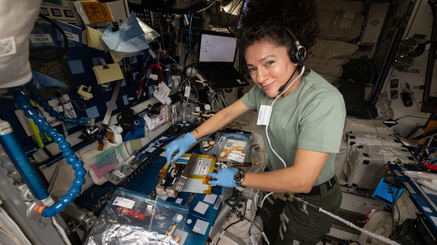 NASA astronaut and Expedition 74 flight engineer Jessica Meir works inside the International Space Station's Harmony module conducting a biotechnology investigation to observe how tiny, engineered materials that mimic DNA behave in microgravity. Meir pointed a light-measuring device, called a spectrophotometer, at the DNA-like sample materials housed in small transparent containers to analyze their ability to form stable structures. Doctors on Earth will use the research data to learn how to improve and develop future treatments, or nano-therapies, that target cancer cells more precisely.