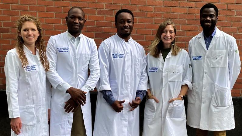 Erica Seabold, Yolam Kameme, Mzee Chalira, Catherine Hodge, and Ian Matandika, who are faculty and residents at Nkhoma Mission Hospital.