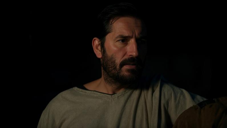 Jim Caviezel como Lucas em cena de 'Paulo, Apóstolo de Cristo' (2018)