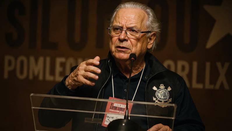 José Dirceu discursa durante o 8.º Congresso Nacional do PT, em abril. (Foto: ChatGPT sobre foto de Gabriel Paiva/PT na Câmara)