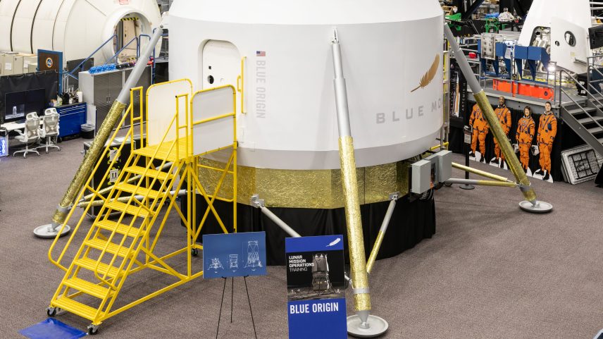 Located in Space Vehicle Mockup Facility at NASA’s Johnson Space Center, the full-scale prototype of the crew cabin of Blue Origin’s Blue Moon Mark 2 crew lander is over 15 feet (5 m) tall.