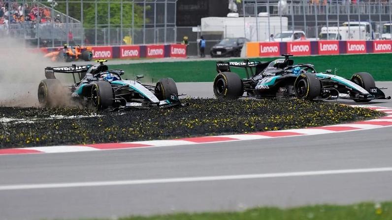 Kimi Antonelli e George Russell, pilotos da Mercedes, tiveram disputa intensa no GP do Canadá
