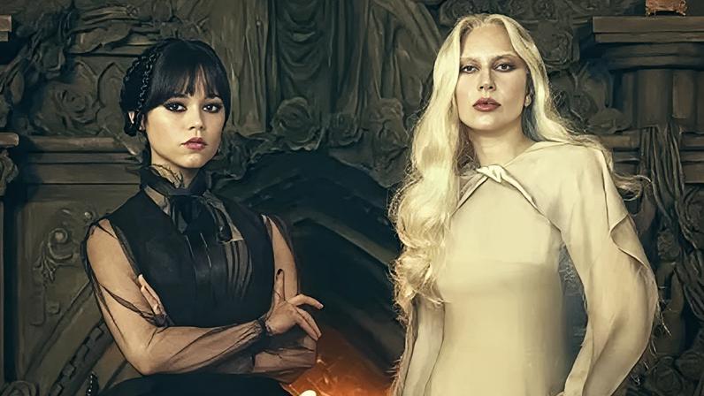 Rosaline Rotwood (Lady Gaga) e Wandinha (Jenna Ortega) em "Wandinha"