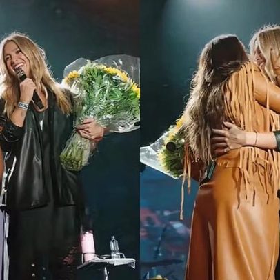 Grávida de 7 meses, Lauana Prado recebe surpresa de Tati Dias em show