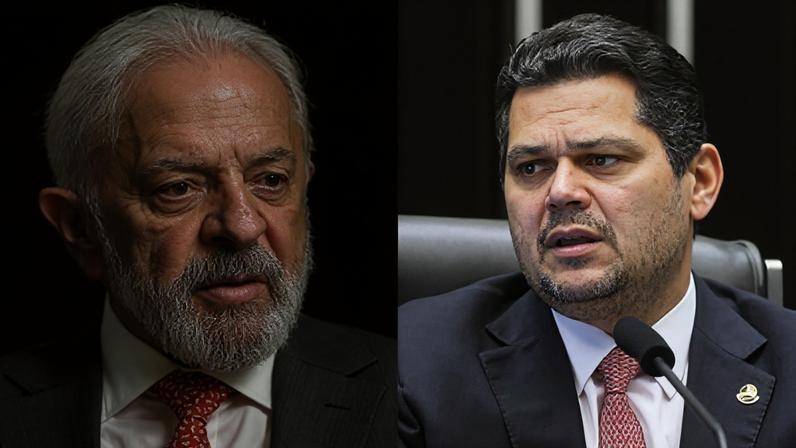O presidente Lula, à esquerda; Davi Alcolumbre, à direita