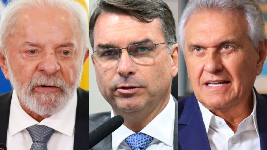 O presidente Luiz Inácio Lula da Silva; o senador Flávio Bolsonaro (PL-RJ); e o ex-governador de Goiás, Ronaldo Caiado (PSD)