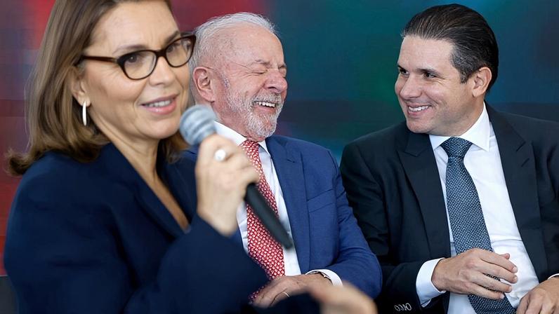 Lula conversa com Motta enquanto Janja discursa em evento no Planalto sobre os 100 dias do pacto contra o feminicídio