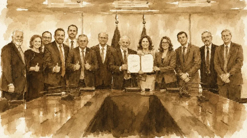 O presidente Lula (ao centro) durante assinatura da MP que acaba com a taxa das blusinhas. (Foto: ChatGPT sobre foto de Wallison Breno/Presidência da República)