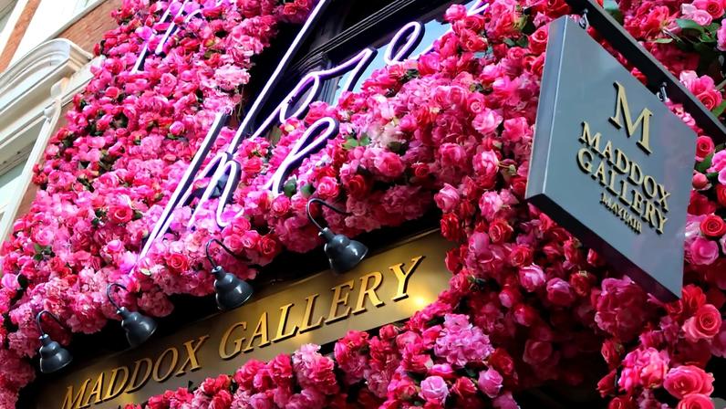 Maddox Gallery decorated with floral art creation in Mayfair, London.