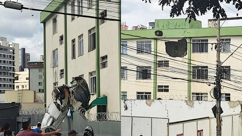 É possível ver um buraco aberto onde a aeronave atingiu a edificação