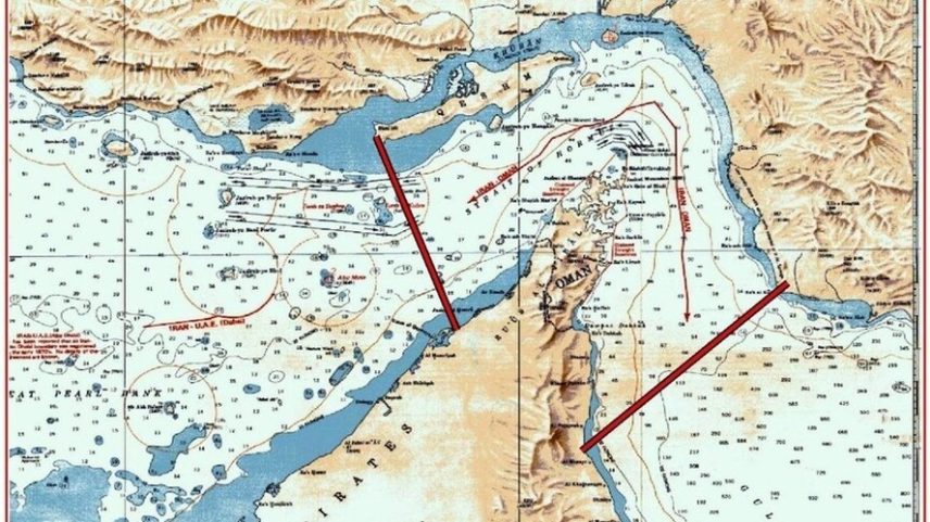 Mapa do Estreito de Ormuz com duas linhas vermelhas indicando território sob o qual o Irã alega ter controle — Foto: Marinha da Guarda Revolucionária do Irã
