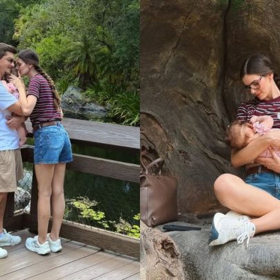 Camila Queiroz e Klebber Toledo passam passeio com a filha em parque de Orlando