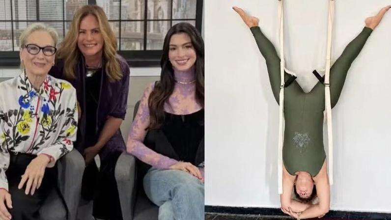 Renata Ceribelli abre álbum com pose inusitada de ioga e clique com Streep e Hathaway — Foto: Reprodução/Instagram