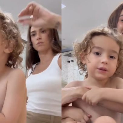 Thaila Ayala corta cabelo do filho pela primeira vez em casa