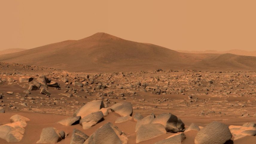 NASA’s Perseverance Mars rover used its dual-camera Mastcam-Z imager to capture this image of “Santa Cruz,” a hill about 1.5 miles (2.5 kilometers) away from the rover, on April 29, 2021.