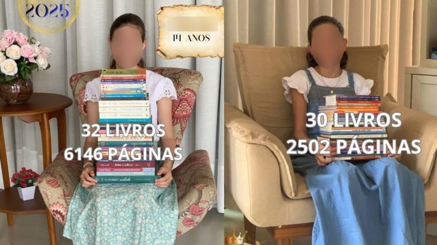 As meninas, hoje com 11 e 15 anos, leram cerca de 30 livros em 2025. (Foto: Arquivo pessoal/ I.C.M)
