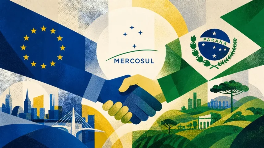 O acordo entre o Mercosul e a União Europeia abre acesso a um mercado de mais de 450 milhões de consumidores e estabelece regras claras e estáveis, reduzindo custos e incertezas para empresas. (Foto: Imagem criada utilizando Open AI/Gazeta do Povo)