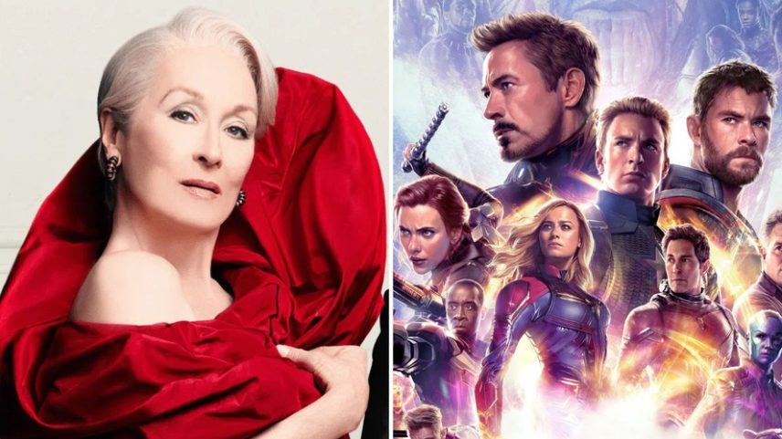 Meryl Streep em material de divulgação de 'O Diabo Veste Prada 2' e detalhe de pôster de 'Vingadores: Ultimato', maior sucesso de bilheteria da Marvel — Foto: Divulgação