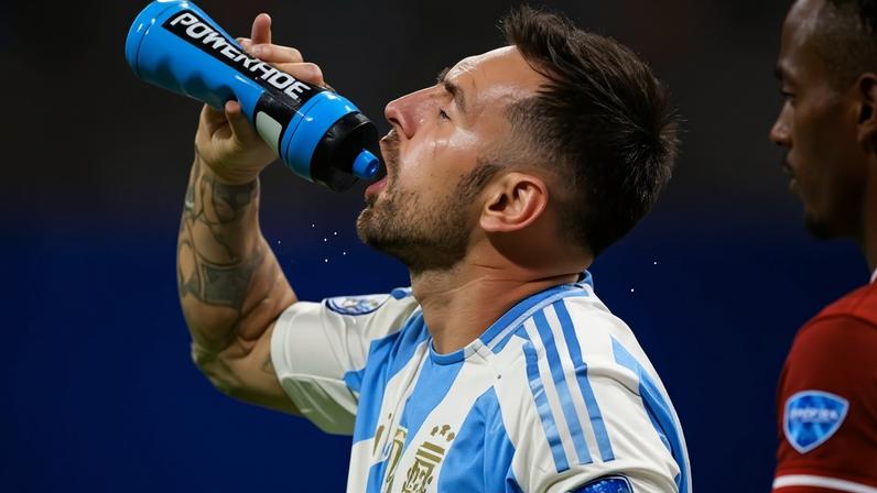 Messi bebe água durante jogo da Argentina na Copa América de 2024