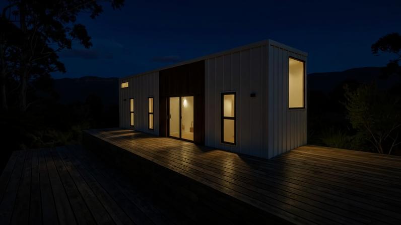 Com linhas contemporâneas e revestimento que combina aço e madeira, a fachada equilibra estética moderna e aconchego — Foto: Removed Tiny Homes/Divulgação