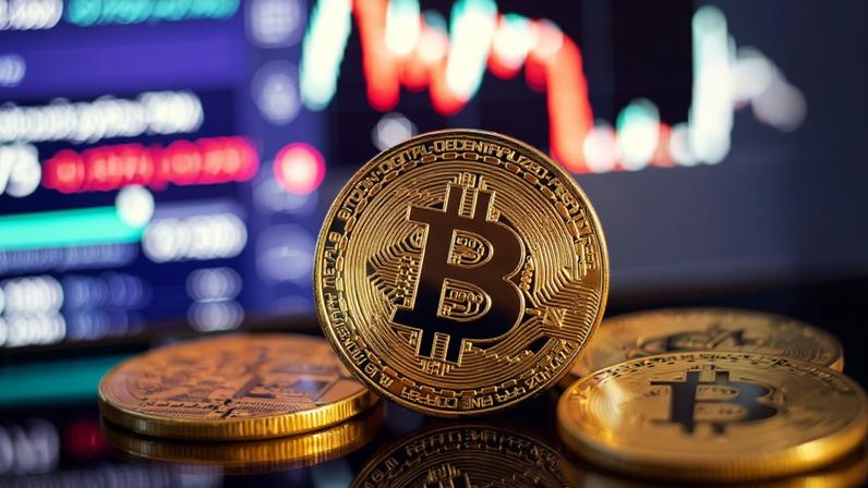moeda de bitcoin e graficos ao fundo