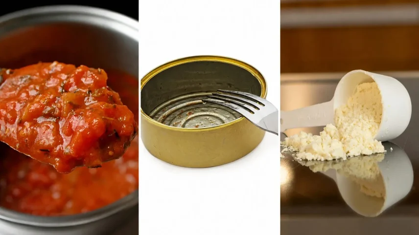 Molho de tomate, atum enlatado e fórmulas infantis estão entre produtos que tiveram lotes suspensos pela Anvisa em casos recentes (Foto: Catkin/Pixabay, Dmitriy/Pixabay, Alex Saks/Unsplash)