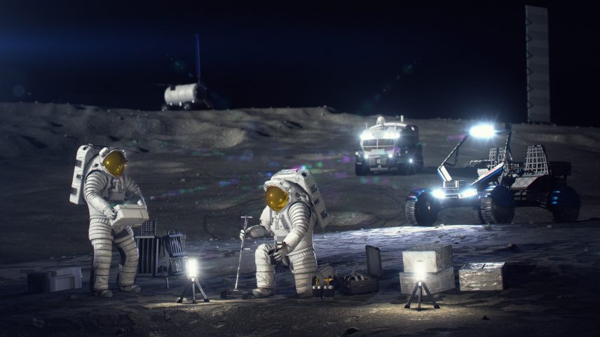 Concepto artístico de astronautas trabajando en la superficie lunar.
