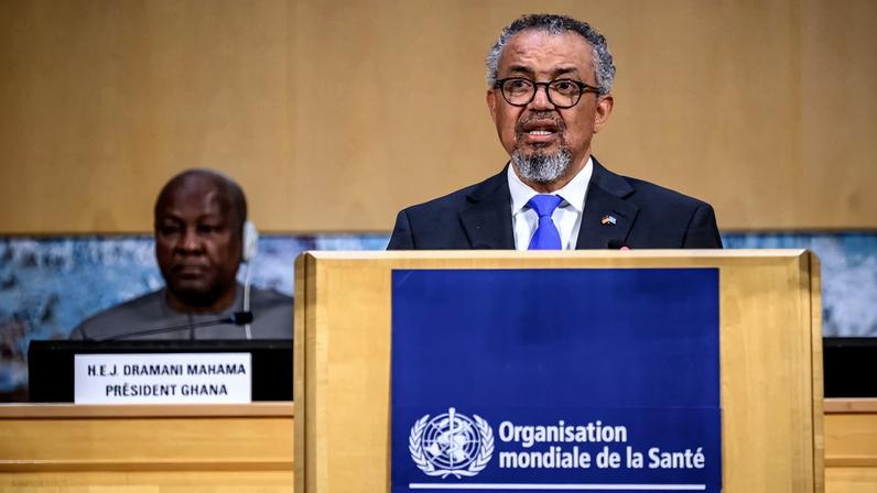 O Diretor-Geral da Organização Mundial da Saúde (OMS), Tedros Adhanom Ghebreyesus, discursa na abertura da 79ª Assembleia Geral. Crédito: FABRICE COFFRINI / AFP
