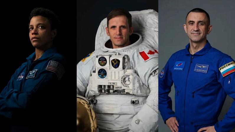 From left to right, NASA astronauts Jessica Watkins and Luke Delaney, CSA (Canadian Space Agency) astronaut Joshua Kutryk, and Roscosmos cosmonaut Sergey Teteryatnikov.