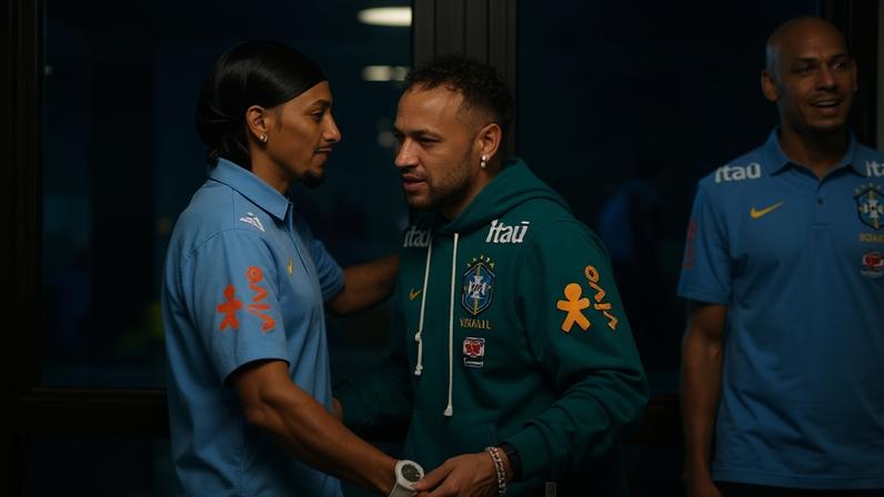 Neymar abraça Raphinha na apresentação da seleção brasileira para a Copa do Mundo na Granja Comary
