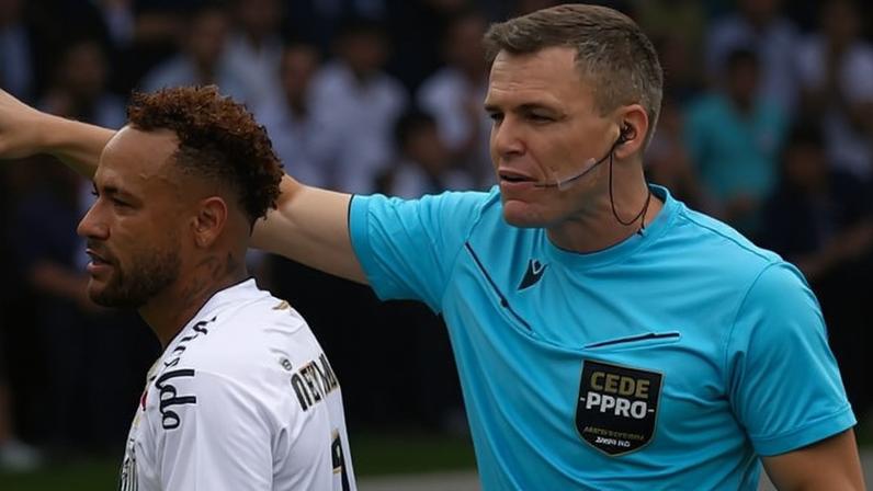 Neymar reclama com o árbitro Paulo César Zanovelli da Silva, ao ser substituído contra o Coritiba