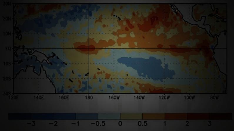 Mapa mostra as anomalias de temperatura da superfície do mar no Pacífico em abril de 2026. Áreas em azul indicam águas mais frias que a média, padrão associado à La Niña — Foto: NOAA