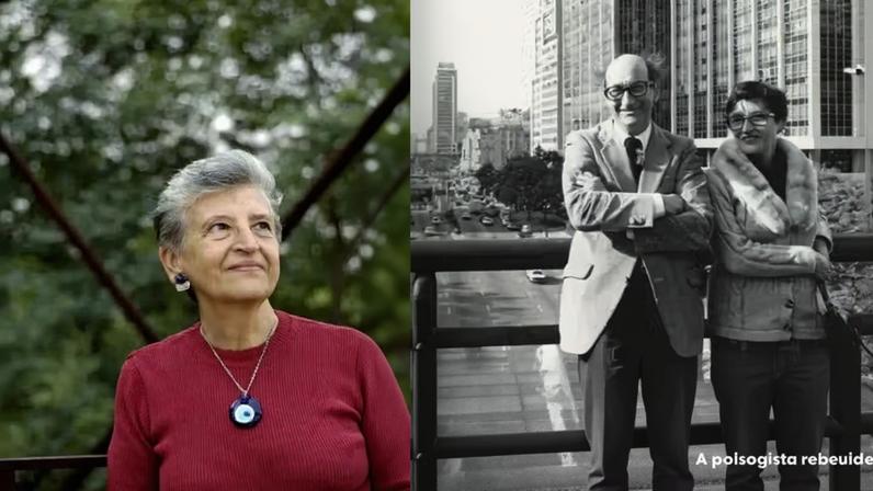 A obra 'O livro da Rosa: vivência e paisagens' traz histórias de vida de Rosa Grena Kliass, mostrando a trajetória múltipla da arquiteta paisagista, essencial para a consolidação do campo no Brasil. No sentido horário, retrato da arquiteta paisagista e imagens do livro que trazem a fotografia de Rosa Kliass acompanhada de Jorge Wilheim (1987) e imagem que ilustra o início do último capítulo do livro