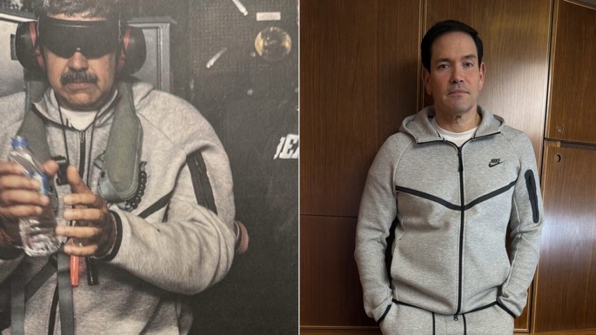 Nicolás Maduro e Marco Rubio, com o mesmo conjunto de moletom — Foto: Truth Social / X / Reprodução