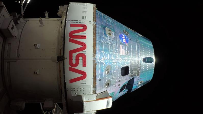 Orion snapped this high-resolution selfie in space with a camera mounted on one of its solar array wings during a routine external inspection of the spacecraft on the second day into the Artemis II mission.