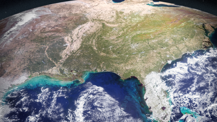 Green swirls of microscopic algae (phytoplankton) are visible off the U.S. Gulf Coast in this image captured Oct. 21, 2024, by the Ocean Color Instrument on NASA’s PACE satellite. The sensor also observed autumn leaf colors, visible as a reddish streak, to the northeast.