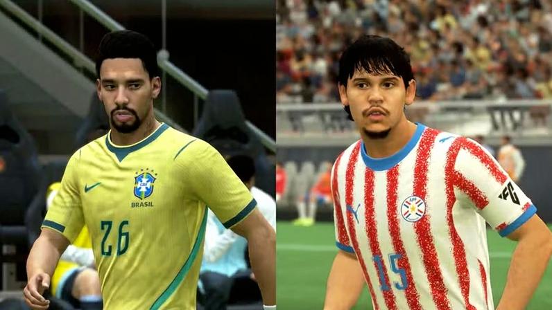 Lucas Paquetá, do Brasil, e Gustavo Gómez, do Paraguai, no EA FC 26 — Foto: Reprodução/Luccas Melo