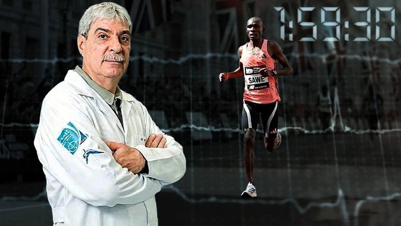 O fisiologista Paulo Zogaib. Ao fundo, a chegada de Sabastian Sawe na Maratona de Londres 2026