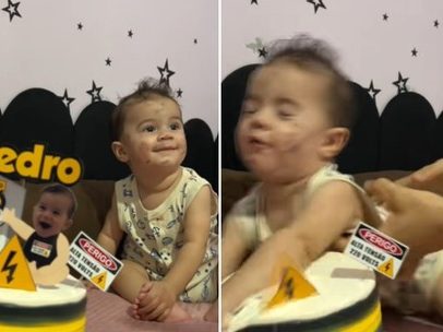 Bebê pula no bolo de mesversário e diverte internautas