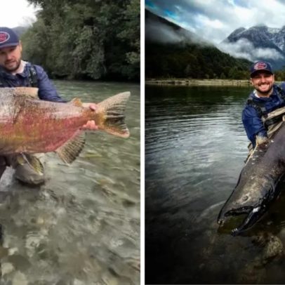 Pescador de SC fisga o maior salmão já registrado na Patagônia