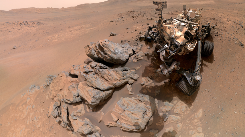 NASA’s Perseverance Mars rover appears to look into the camera in this selfie. The rover is at a rocky outcrop nicknamed “Arethusa”.