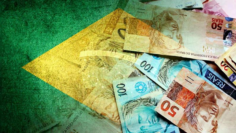 Imagem colorida PIB da bandeira do Brasil com notas de real