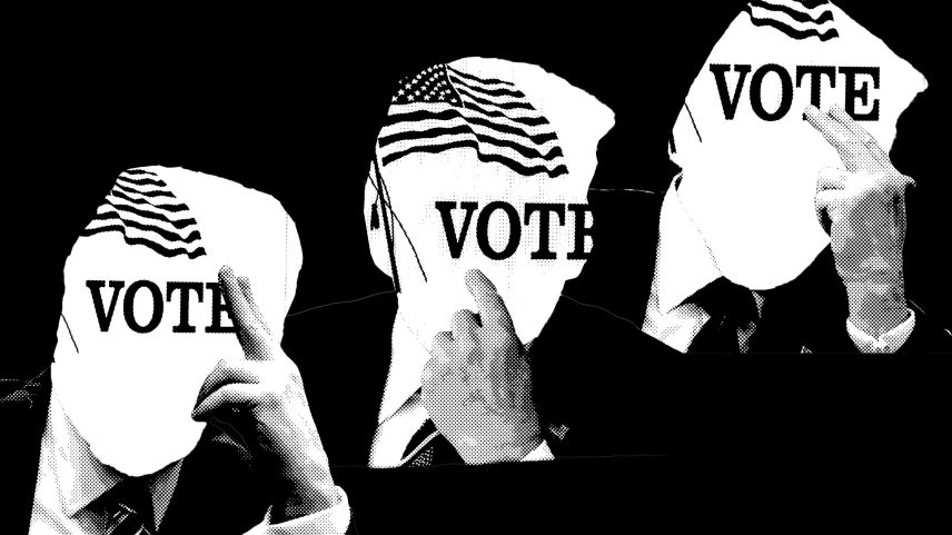 Collage of cutouts of Trump's head and hand making anxious gestures