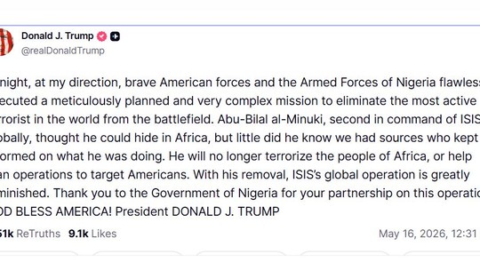 Post de Donald Trump sobre a morte do vice-líder do Estado Islâmico — Foto: Reprodução/Truth Social