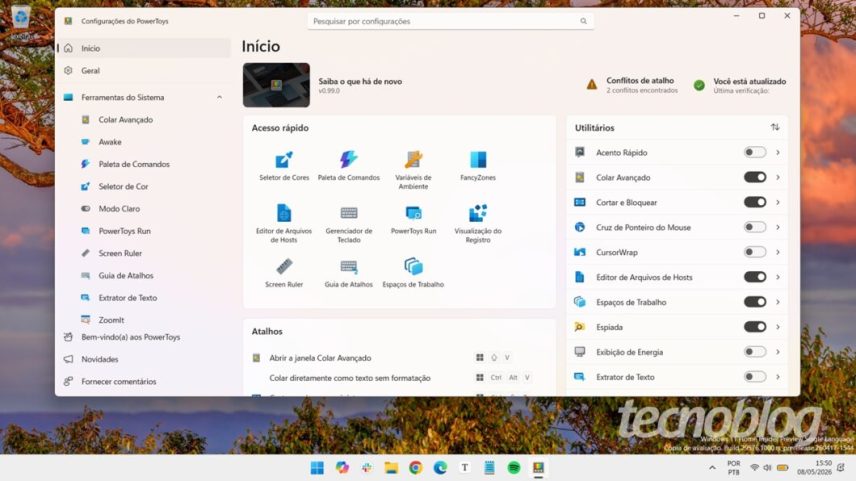 Tela inicial do Microsoft PowerToys (imagem: Emerson Alecrim/Tecnoblog)