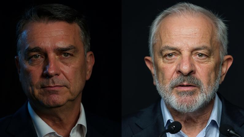 Após vazamentos do caso "Dark Horse", Flávio Bolsonaro (à esq.) passou a ser mais rejeitado que Lula (à dir.), segundo o Datafolha