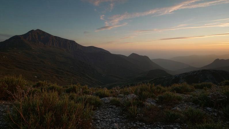 Amanhecer no Parque Nacional do Caparaó, com cadeias de montanhas e vegetação de campos de altitude ao fundo