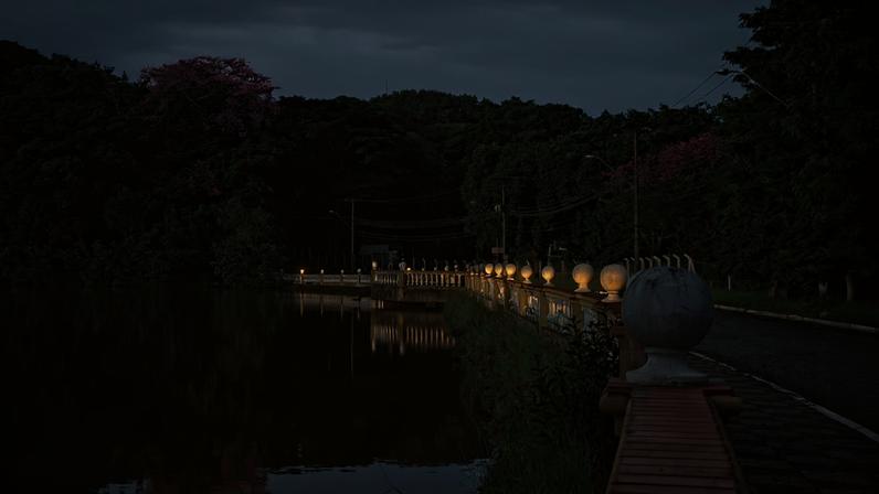 Campus da USP em Ribeirão Preto ao entardecer, com áreas verdes e lago