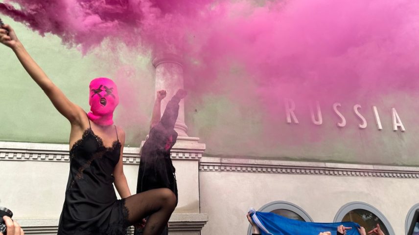 Members of Pussy Riot and FEMEN outside the Russian pavilion at the Venice Biennale on Wednesday.